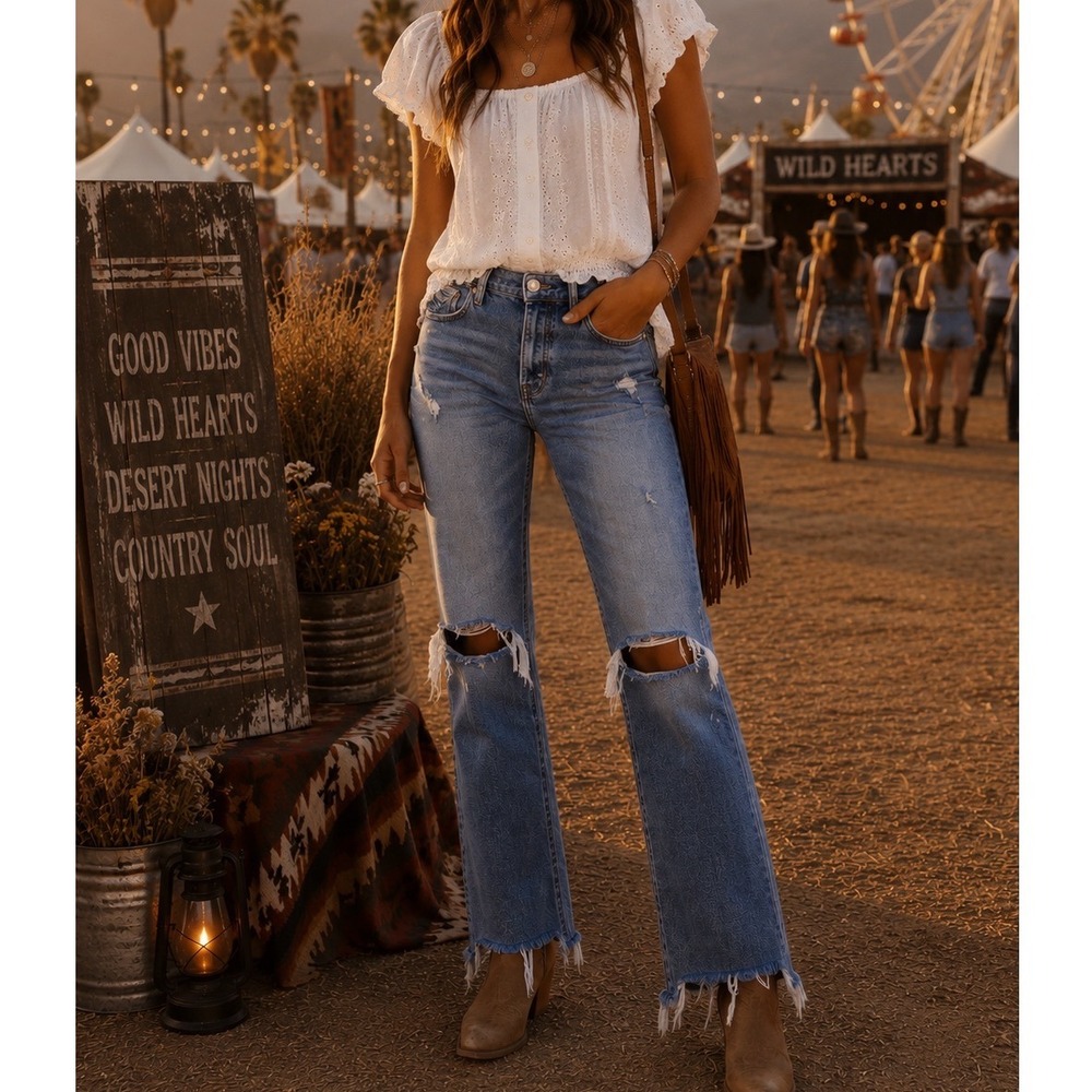 Pistola High Rise Distressed Straight‎ Leg Jeans Festival Boho Western Size 24